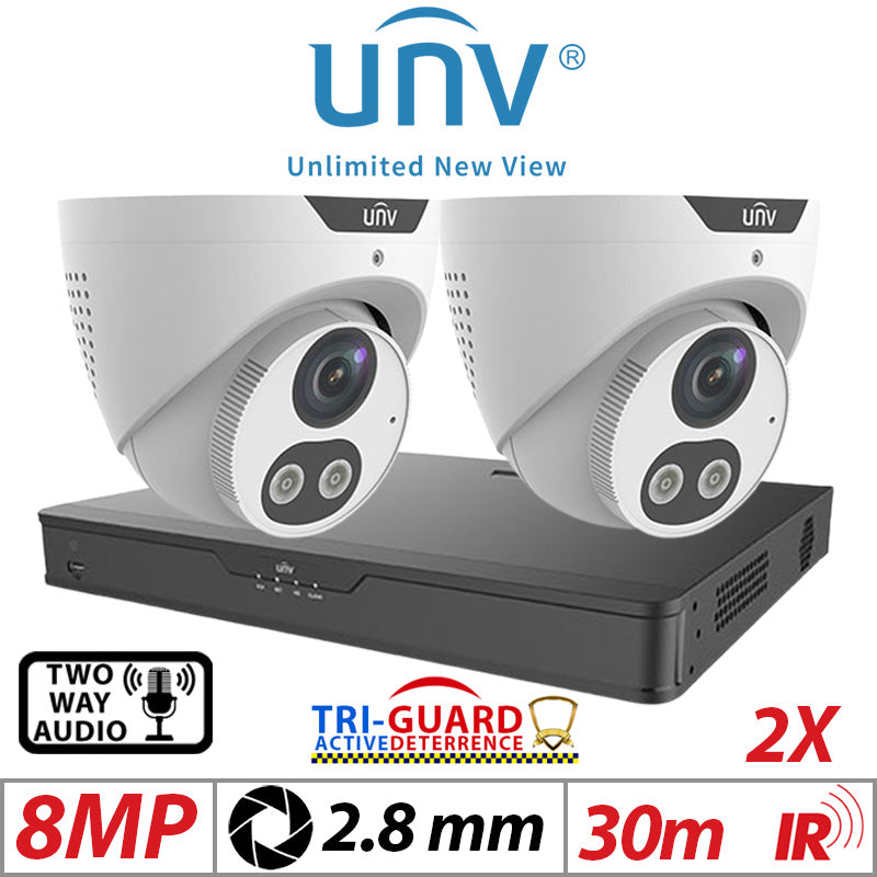 ????8MP 4CH UNIVIEW KIT - 2X - TRI-GUARD COLORHUNTER - 24/7 COLOUR - HD IR TURRET NETWORK CAMERA WITH LIGHT, AUDIBLE WARNING AND DEEP LEARNING ARTIFICIAL INTELLIGENCE 2.8MM IPC3618SB-ADF28KMC-I0 WHITE
