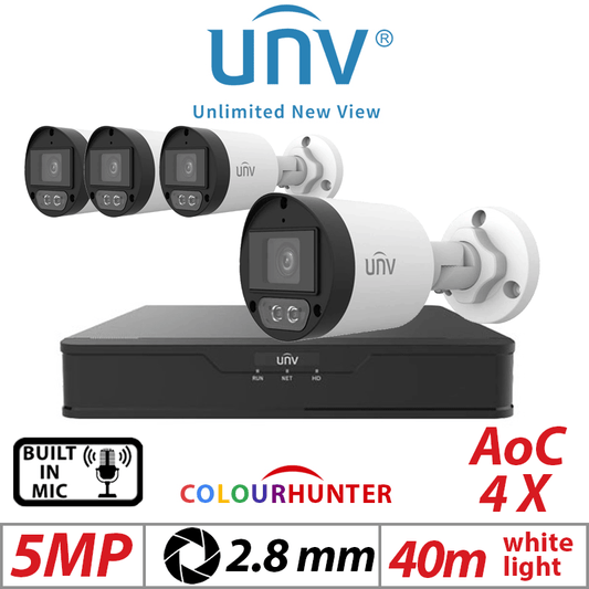5MP 8CH UNIVIEW  KIT - 4X COLORHUNTER - 24/7 COLOR- HD FIXED MINI BULLET ANALOG CAMERA WHITE 2.8MM UAC-B125-AF28M-W