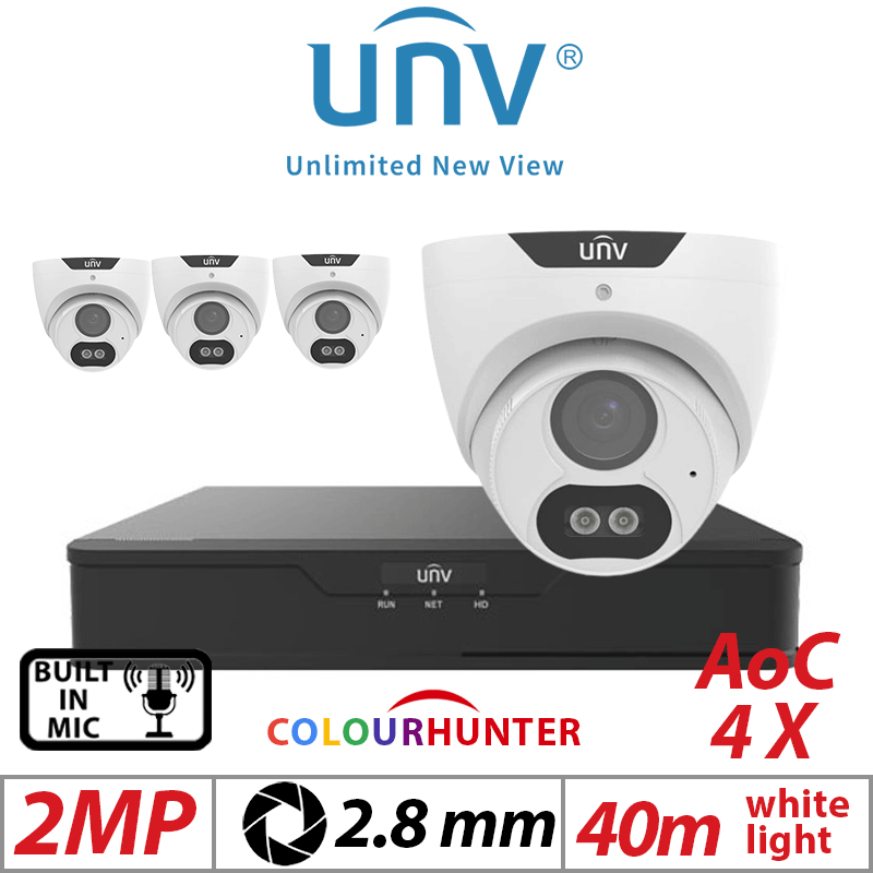2MP 8CH UNIVIEW  KIT - 4X COLORHUNTER - 24/7 COLOR IMAGES - BUILT-IN MIC - HD FIXED TURRET ANALOG CAMERA WHITE 2.8MM UAC-T122-AF28M-W