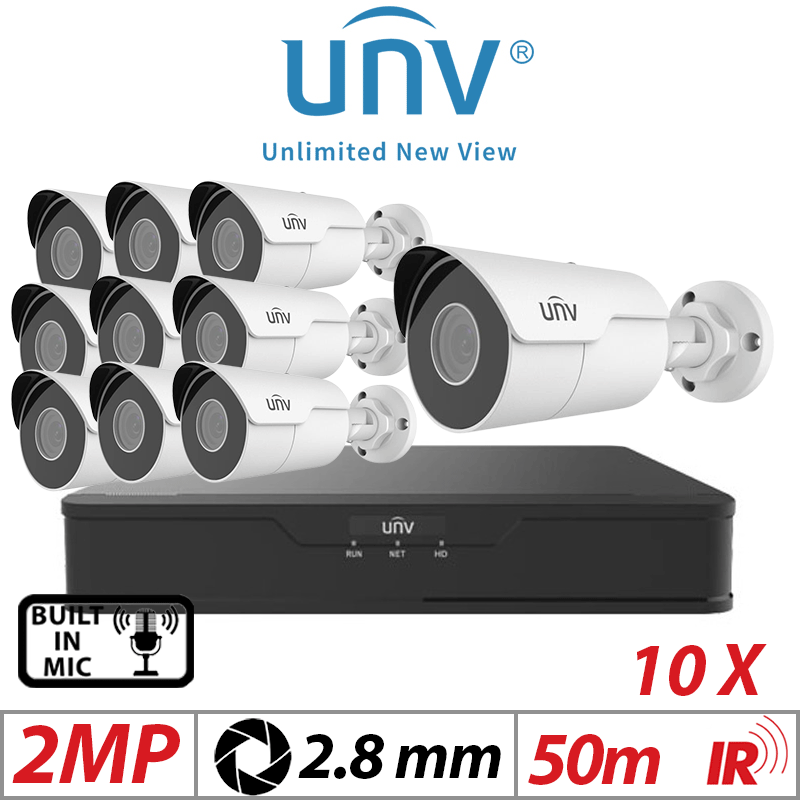 2MP 16CH UNIVIEW IP KIT - 10X MINI FIXED BULLET NETWORK CAMERA 2.8MM WHITE - IPC2122LR5-UPF28M-F
