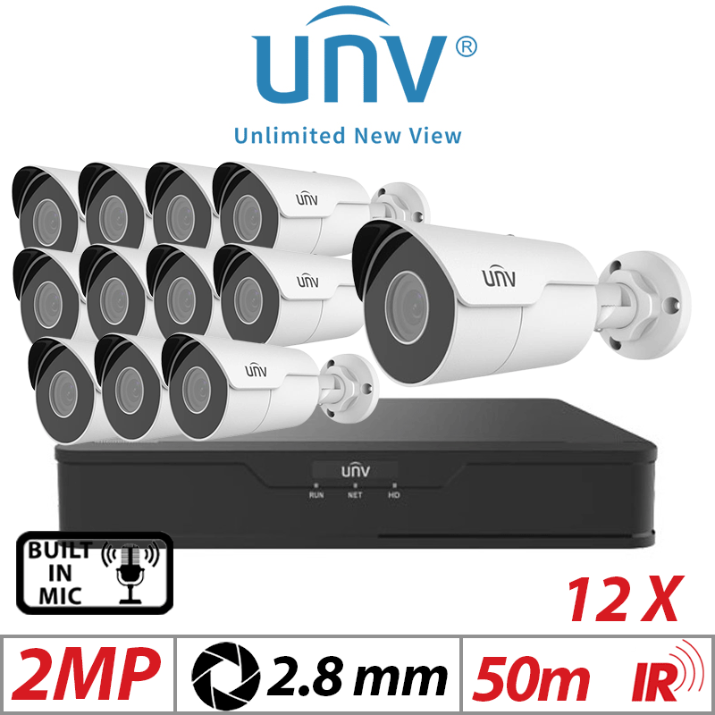 2MP 16CH UNIVIEW IP KIT - 12X MINI FIXED BULLET NETWORK CAMERA 2.8MM WHITE - IPC2122LR5-UPF28M-F
