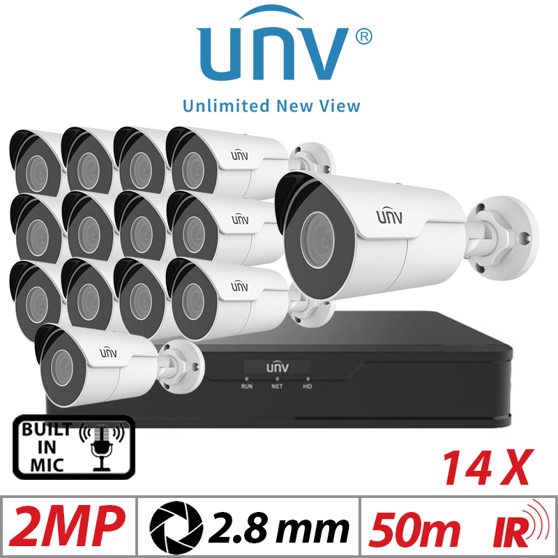2MP 16CH UNIVIEW IP KIT - 14X MINI FIXED BULLET NETWORK CAMERA 2.8MM WHITE - IPC2122LR5-UPF28M-F