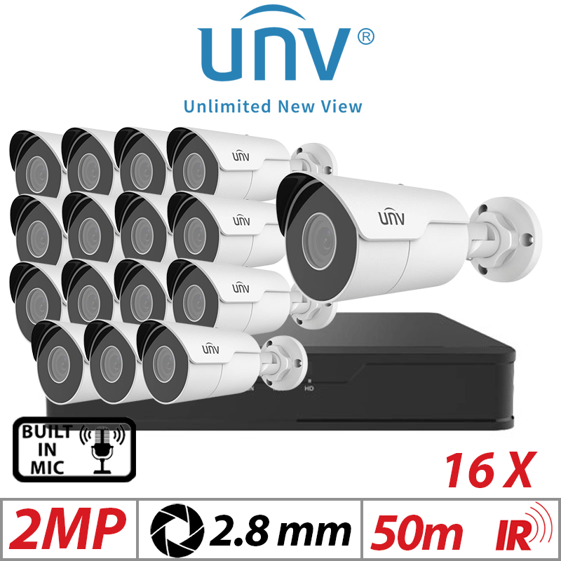 2MP 16CH UNIVIEW IP KIT - 16X MINI FIXED BULLET NETWORK CAMERA 2.8MM WHITE - IPC2122LR5-UPF28M-F