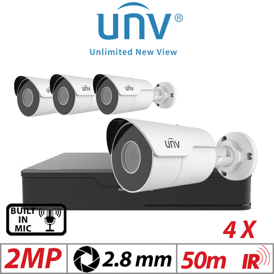 2MP 4CH UNIVIEW IP KIT - 4X MINI FIXED BULLET NETWORK CAMERA 2.8MM WHITE - IPC2122LR5-UPF28M-F
