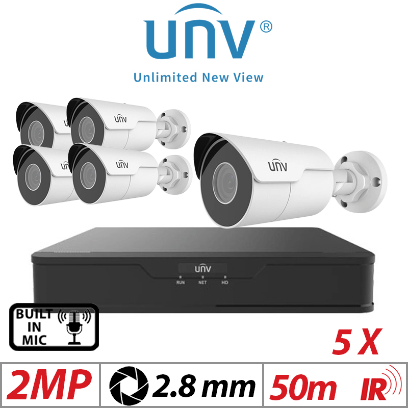 2MP 8CH UNIVIEW IP KIT - 5X MINI FIXED BULLET NETWORK CAMERA 2.8MM WHITE - IPC2122LR5-UPF28M-F
