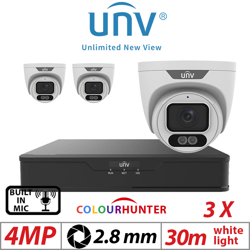 ?????4MP 4CH UNIVIEW KIT -3X - HD COLORHUNTER FIXED EYEBALL NETWORK CAMERA WHITE 2.8MM UNV-IPC3624LE-ADF28K-WL