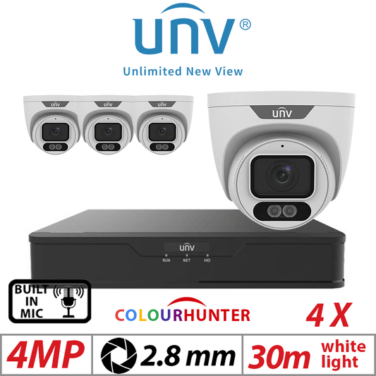 ?????4MP 4CH UNIVIEW KIT - 4X - HD COLORHUNTER FIXED EYEBALL NETWORK CAMERA WHITE 2.8MM UNV-IPC3624LE-ADF28K-WL