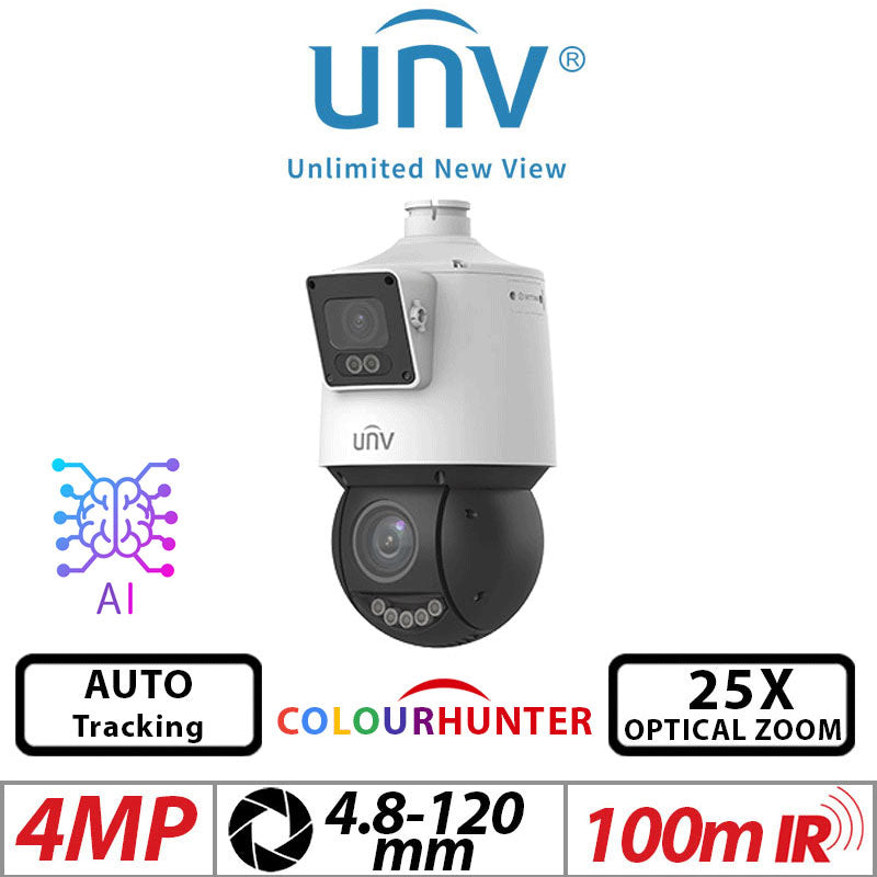 ??2X4MP UNIVIEW COLORHUNTER 25X OPTICAL ZOOM AUTO TRACKING NETWORK PTZ CAMERA WITH DEEP LEARNING ARTIFICIAL INTELLIGENCE 4 AND 4.8-120MM IR AND WARM LIGHT ILLUMINATION IPC94144SFW-X25-F40C