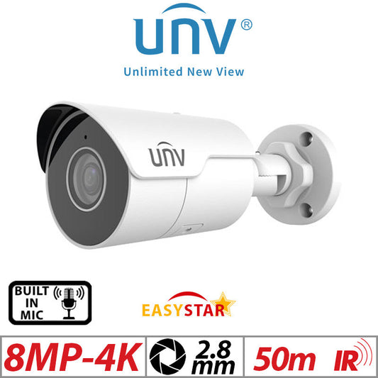 ???8MP 4K UNIVIEW EASYSTAR HD MINI IR BULLET NETWORK CAMERA WITH BUILT IN MIC 2.8MM IPC2128LE-ADF28KM-G