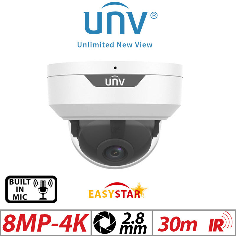 8?MP 4K UNIVIEW HD VANDAL-RESISTANT IR FIXED DOME NETWORK CAMERA BUILT IN MIC 2.8MM IPC328LE-ADF28K-G